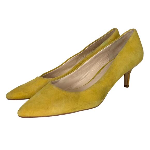 Nine West Heels Women’s 7.5 Xeena Yellow Suede Kitten Pumps Pointy Toe Slip On - Picture 8 of 16